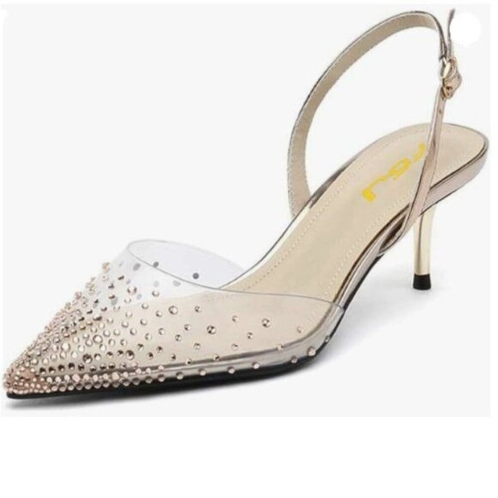 FSJ Women Crystal Studded Clear Pumps Sparkle Rhinestones Mid Low Heel Sandals